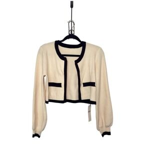 Yozy Size 6 Beige Black Trim Crop Ribbed Knit Cardigan Old Money Minimalist